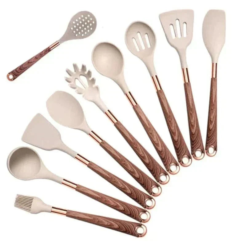 Silicone Cooking Utensil Set with Wooden Handles – 10-Piece Non-Stick Safe Tools for Everyday Meal Prep