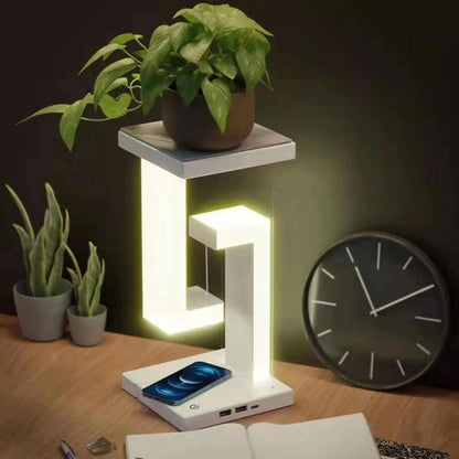Floating Magnetic Desk Lamp with Wireless Charging Pad for Smartphones - Adjustable Brightness Touch Control LED Light for Home Office