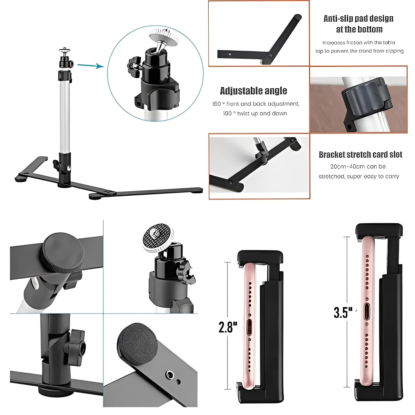 Trépied de téléphone portable avec support d'anneau lumineux flexible