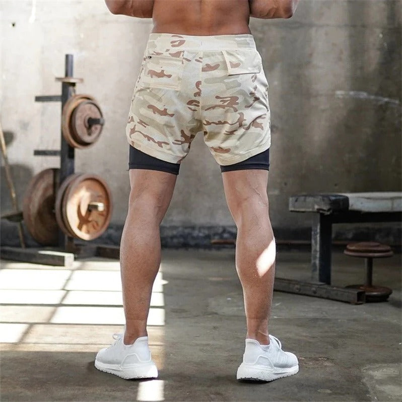 Short de sport camouflage homme avec doublure de compression intégrée