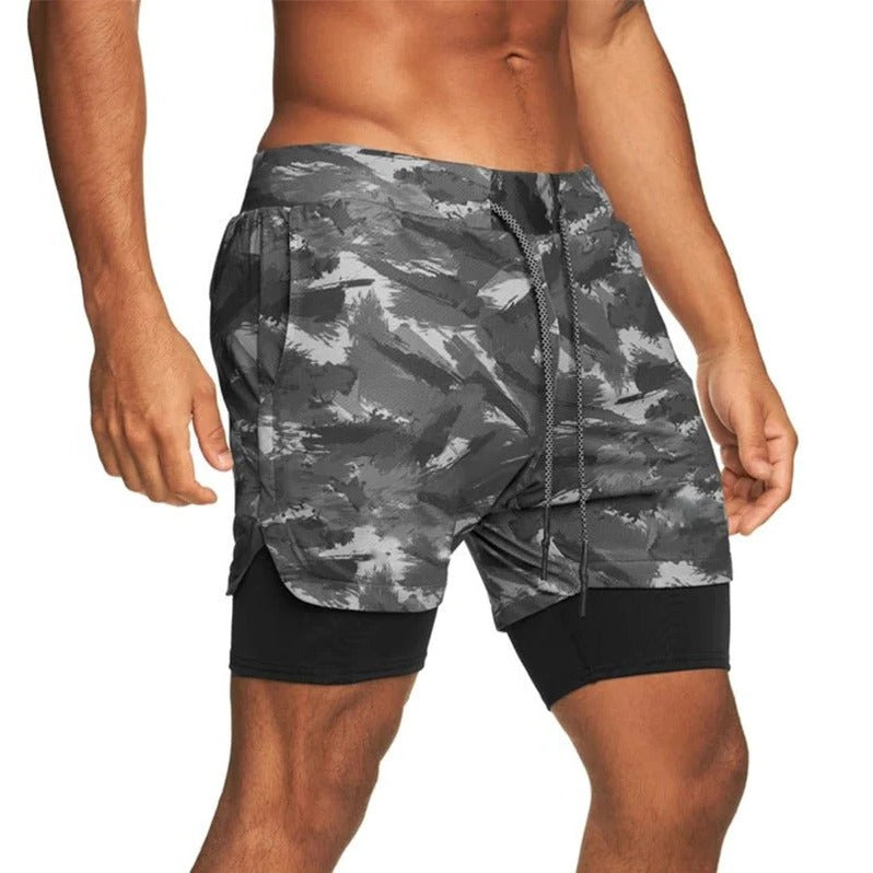 Short de sport camouflage homme avec doublure de compression intégrée