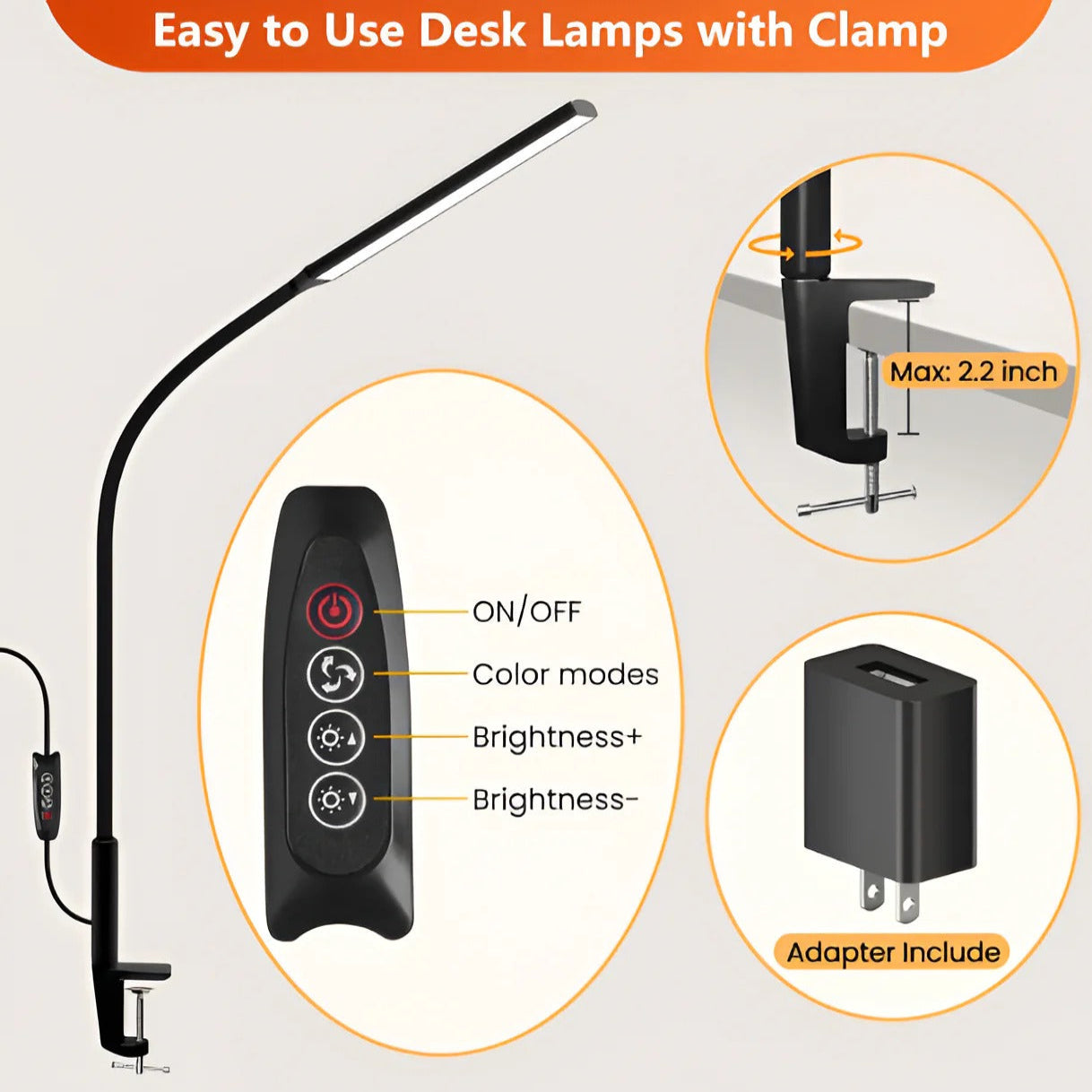 Lampe de table à LED lumineuse réglable avec col flexible