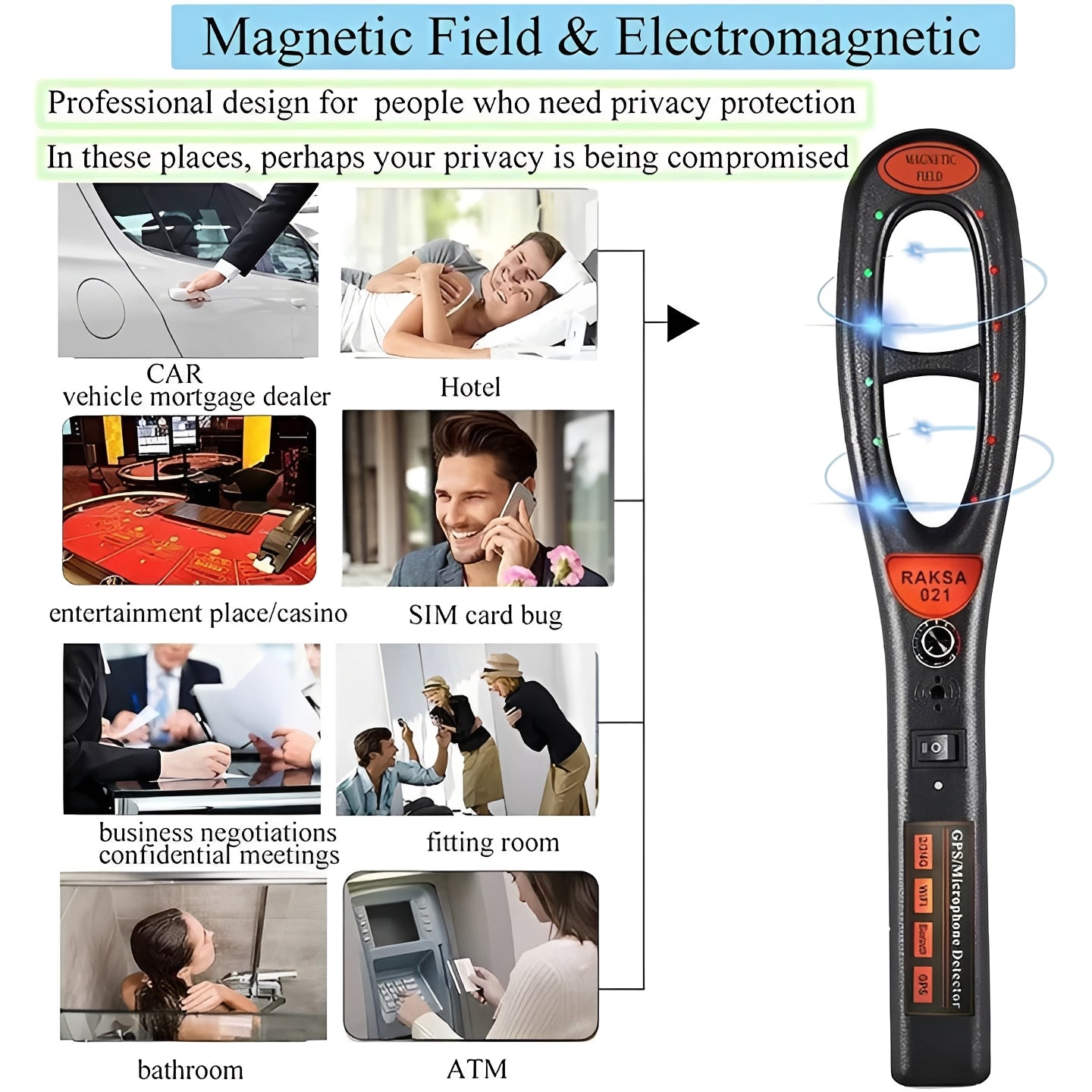 Détecteur espion RF compact avec alertes audio, LED et vibreur