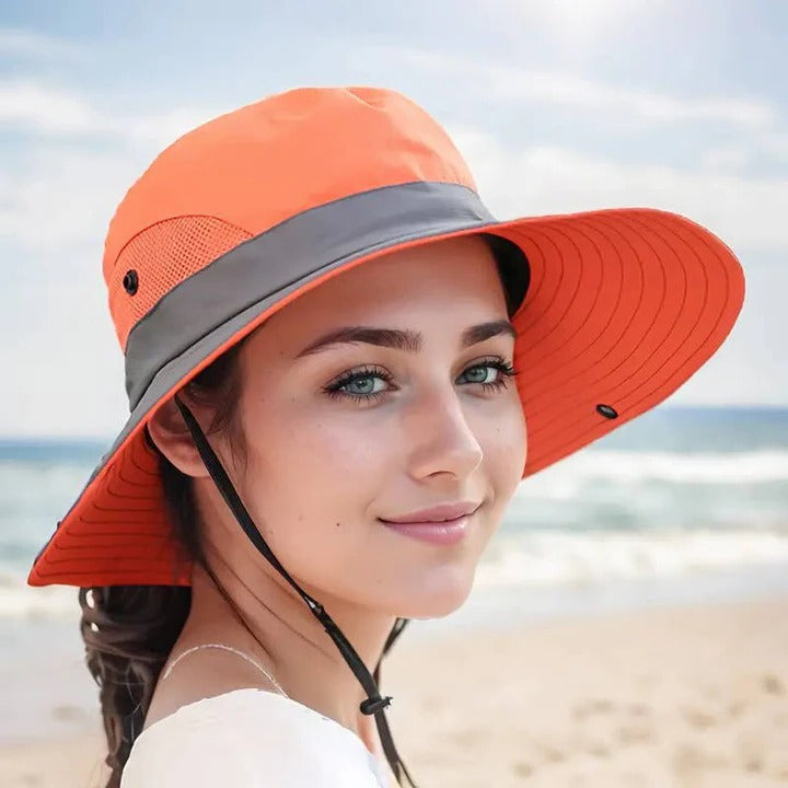 Chapeau d'été portable à large bord avec sangle ajustable