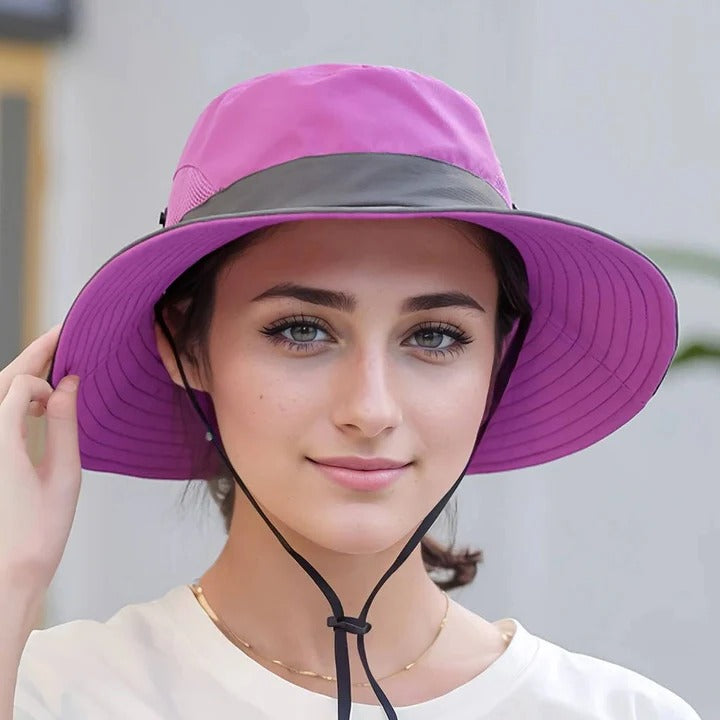 Chapeau d'été portable à large bord avec sangle ajustable