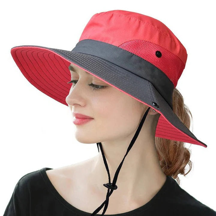 Chapeau d'été portable à large bord avec sangle ajustable