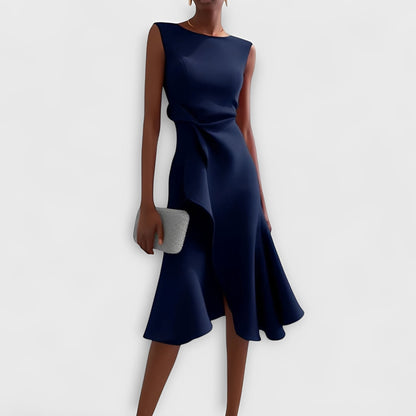 Robe midi fluide à épaules dénudées et ourlet volanté