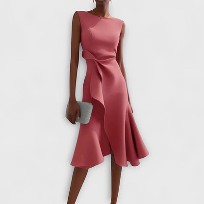 Robe midi fluide à épaules dénudées et ourlet volanté