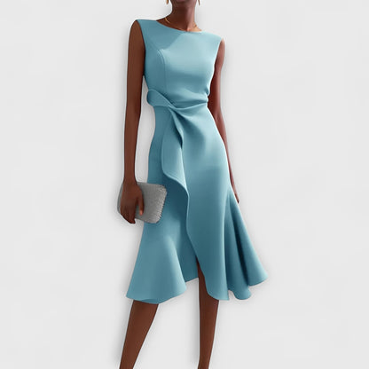 Robe midi fluide à épaules dénudées et ourlet volanté