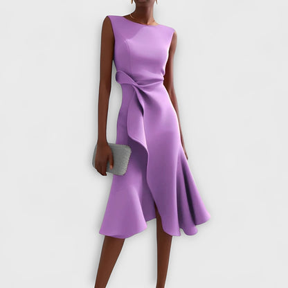 Robe midi fluide à épaules dénudées et ourlet volanté