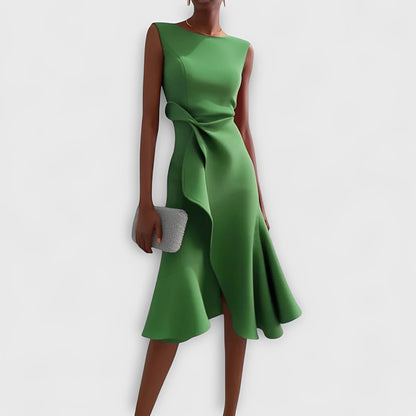 Robe midi fluide à épaules dénudées et ourlet volanté