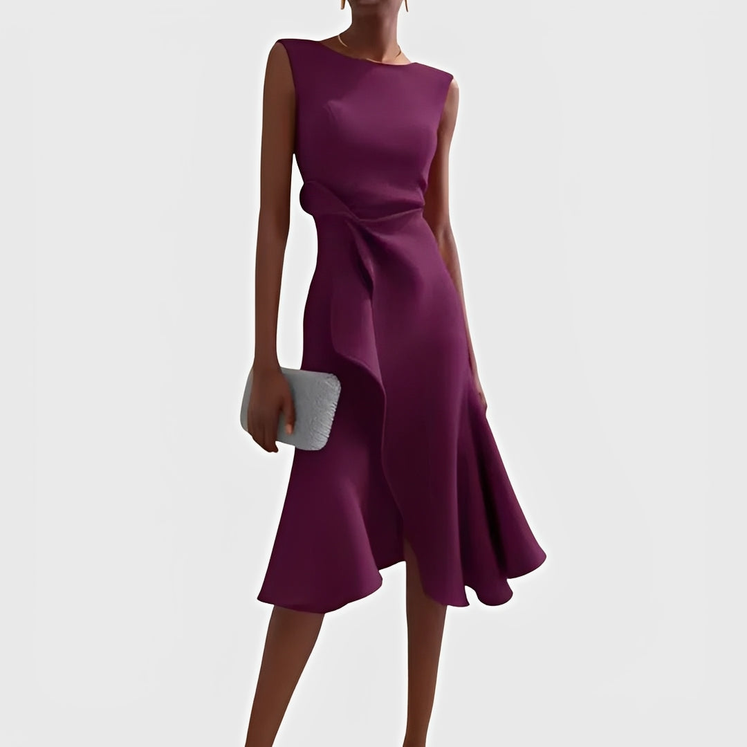 Robe midi fluide à épaules dénudées et ourlet volanté