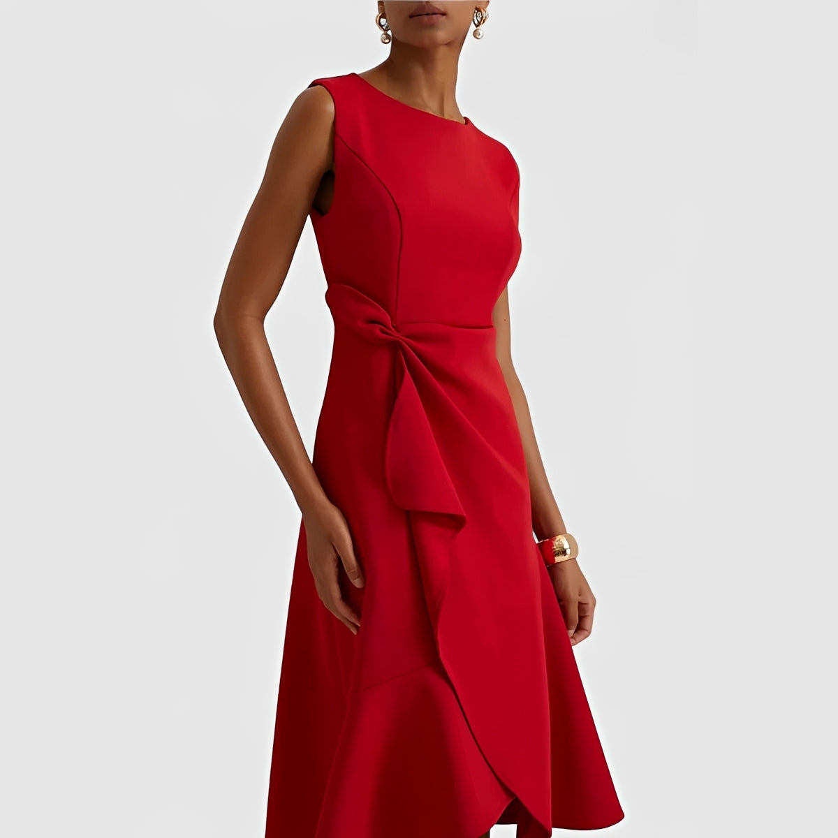 Robe midi fluide à épaules dénudées et ourlet volanté