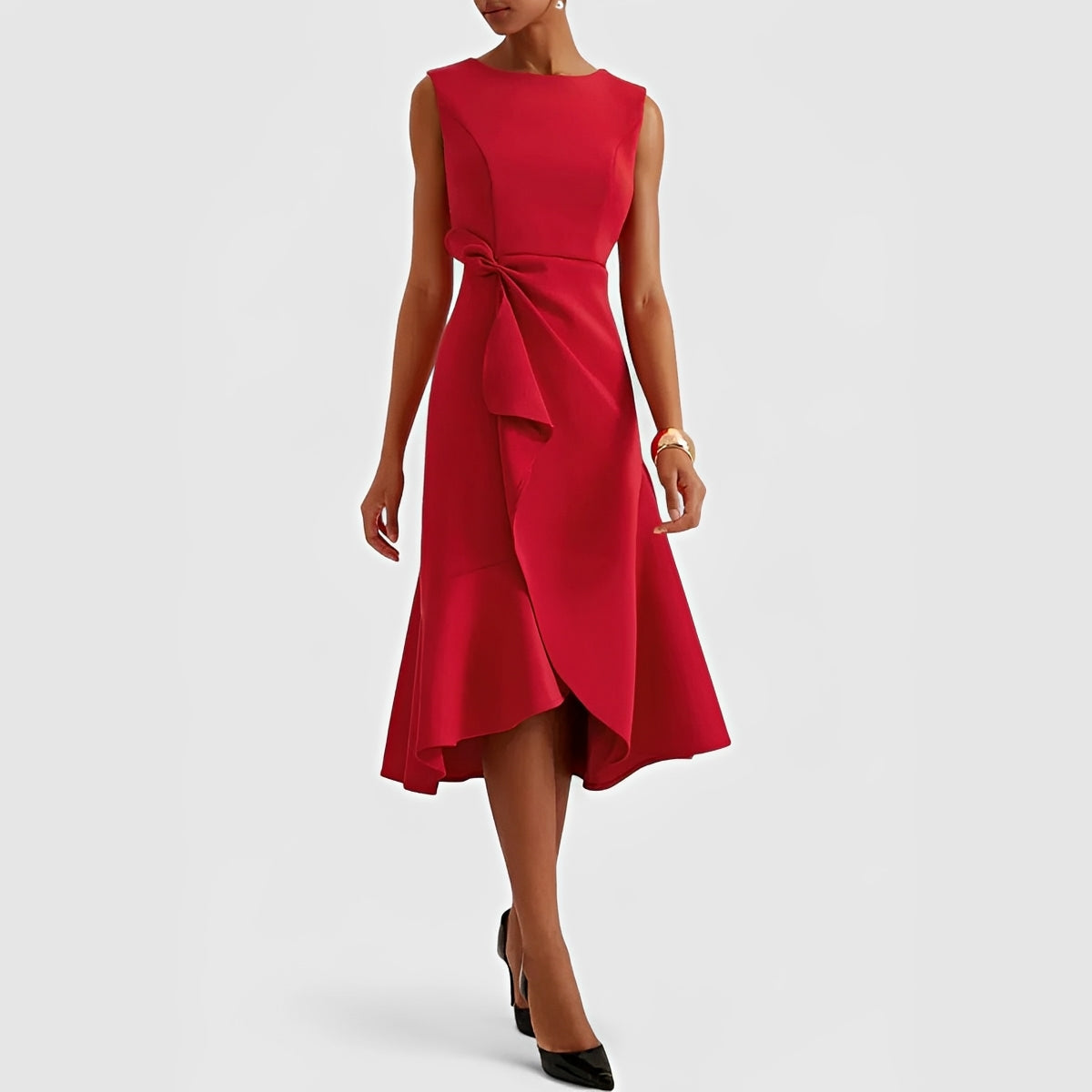 Robe midi fluide à épaules dénudées et ourlet volanté