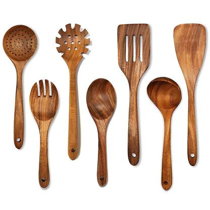 Ensemble d'ustensiles de cuisine en bois naturel avec poignée confortable