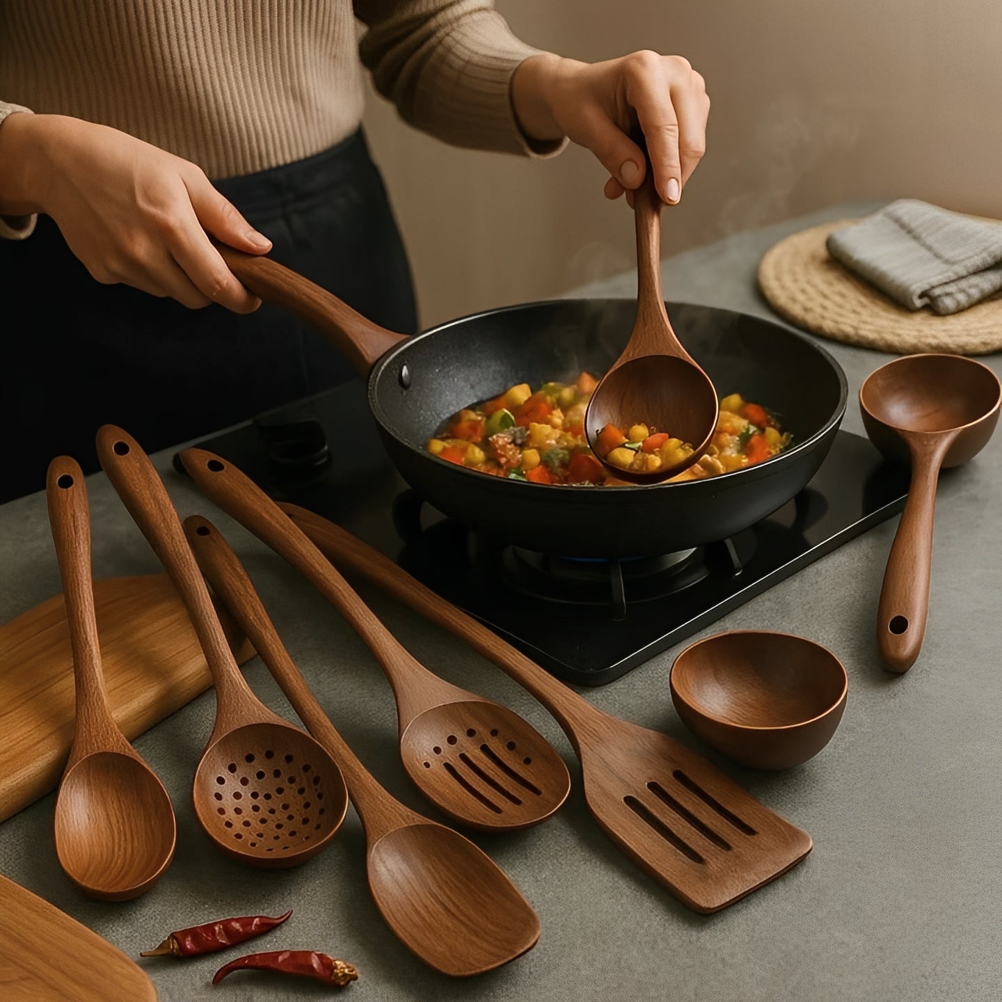 Ensemble d'ustensiles de cuisine en bois naturel avec poignée confortable