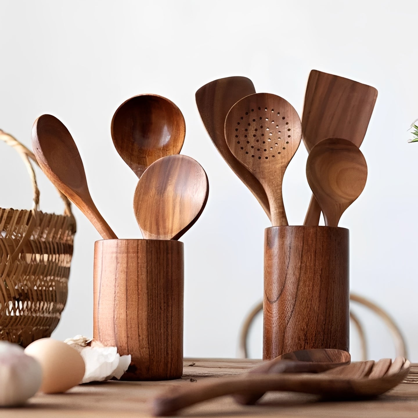Ensemble d'ustensiles de cuisine en bois naturel avec poignée confortable