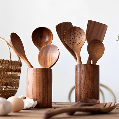 Ensemble d'ustensiles de cuisine en bois naturel avec poignée confortable