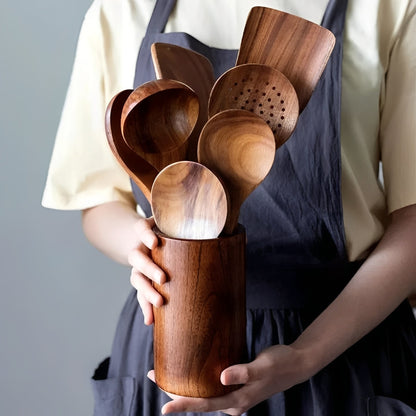 Ensemble d'ustensiles de cuisine en bois naturel avec poignée confortable