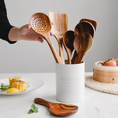 Ensemble d'ustensiles de cuisine en bois naturel avec poignée confortable