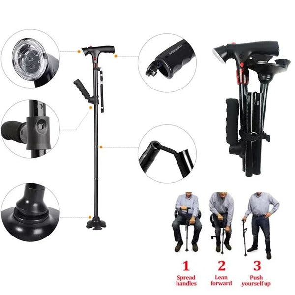 Canne pliable et portable avec lumière DEL et alarme