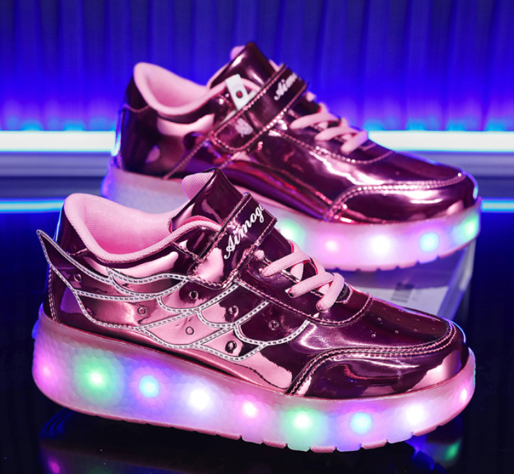 LED Light-Up Wheeled Sneakers for Kids – Pink Canvas High-Top with Wing Design & USB Charging for Girls & Teens