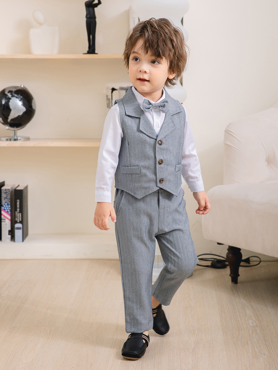 Boys Formal Outfit 3-Piece Set with Shirt Vest Pants Bow Tie Navy Light Blue for Weddings Parties Special Occasions Toddler Kids