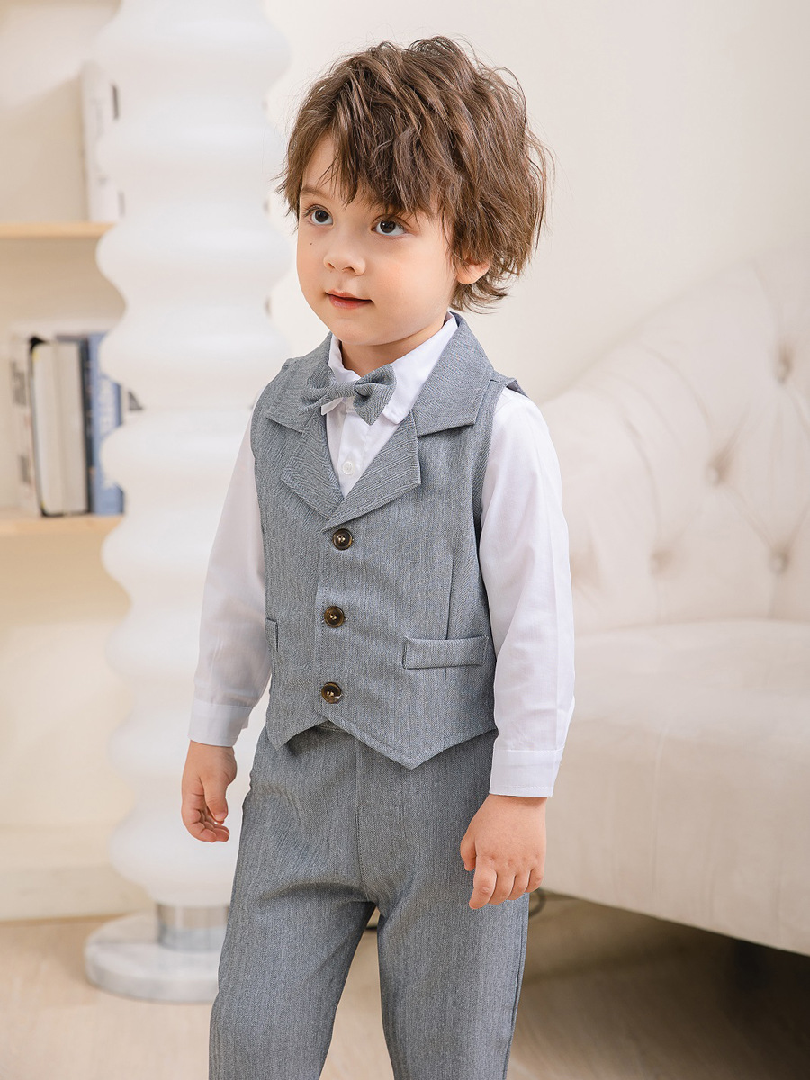 Boys 3-Piece Formal Suit Set with Shirt, Vest, Pants & Bow Tie for Weddings, Parties & Special Occasions | Soft Cotton Dress Outfit