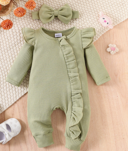 Ruffled Baby Romper with Headband – Soft Cotton Jumpsuit for Newborns & Infants 0-18 Months