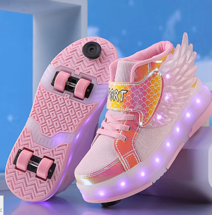 LED Light-Up Roller Skate Sneakers with Wings USB Rechargeable for Girls Kids Teens Boys Outdoor Sports Shoes Wheeled Footwear