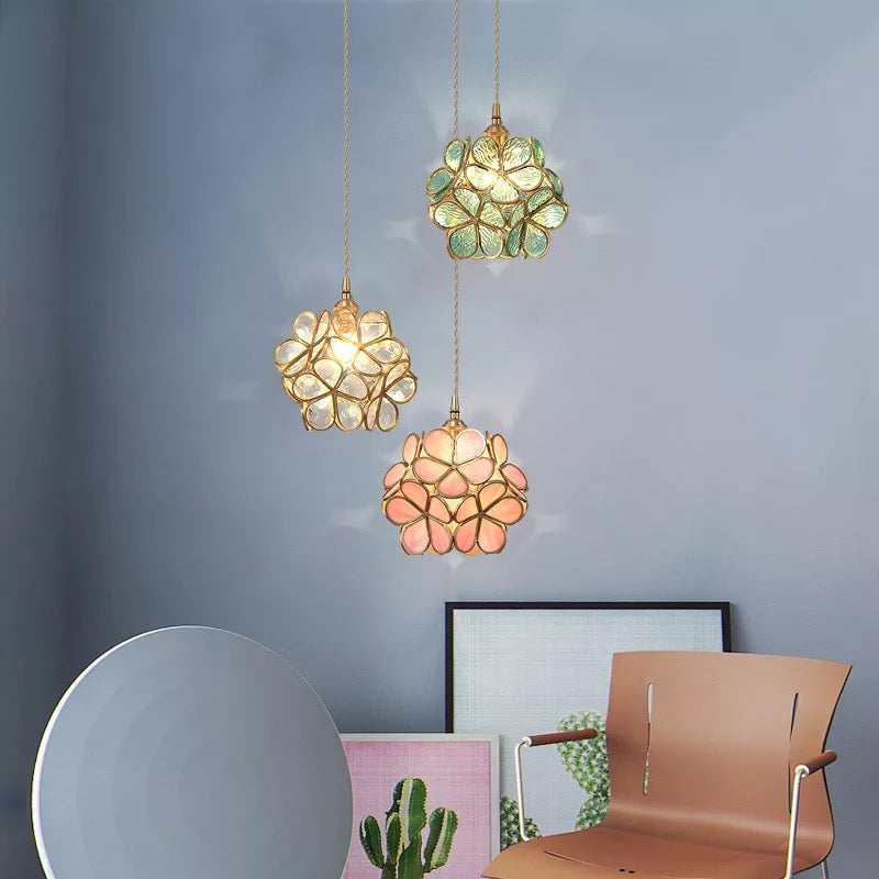 Sculptural Glass Hanging Light 9 Inch Floral Design Warm LED Adjustable Ceiling Fixture for Bedroom Kitchen Dining Nook Modern Botanical Ins