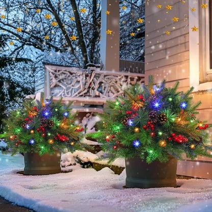 Battery-Powered LED Christmas Urn Filler with Timer – Frosted Pine Tips, Berries & Pinecones for Entryway Display