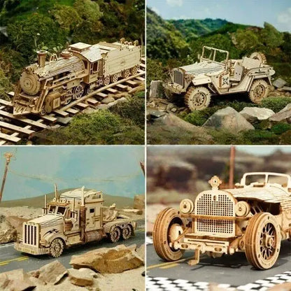3D Timber Assembly Kit Interlocking Brain Teaser for Adults Desktop Display Model Collectible Hobbyist Project Vehicle Locomotive Automobile