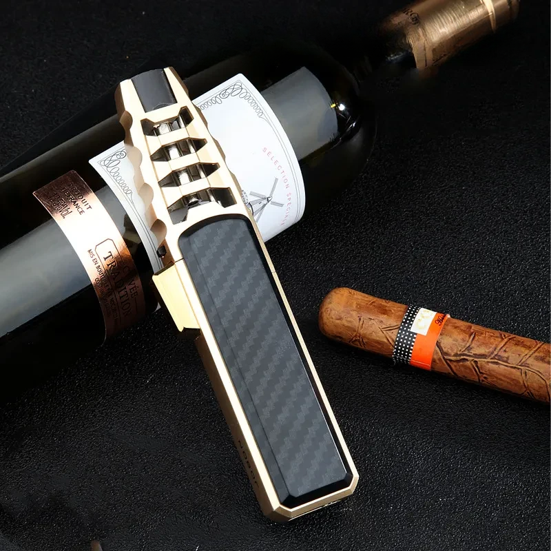 Refillable Butane Jet Flame Lighter with Carbon Fiber & Wood Finish for Outdoor Use, Camping, Cigars