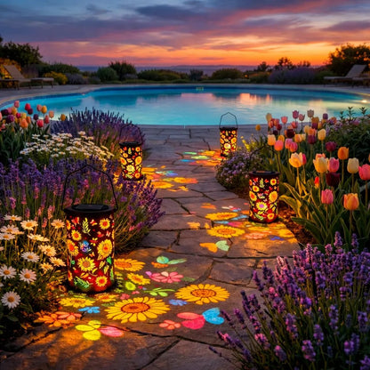 Decorative Solar Lantern with Floral Cutout Design for Patio & Garden Pathway Lighting