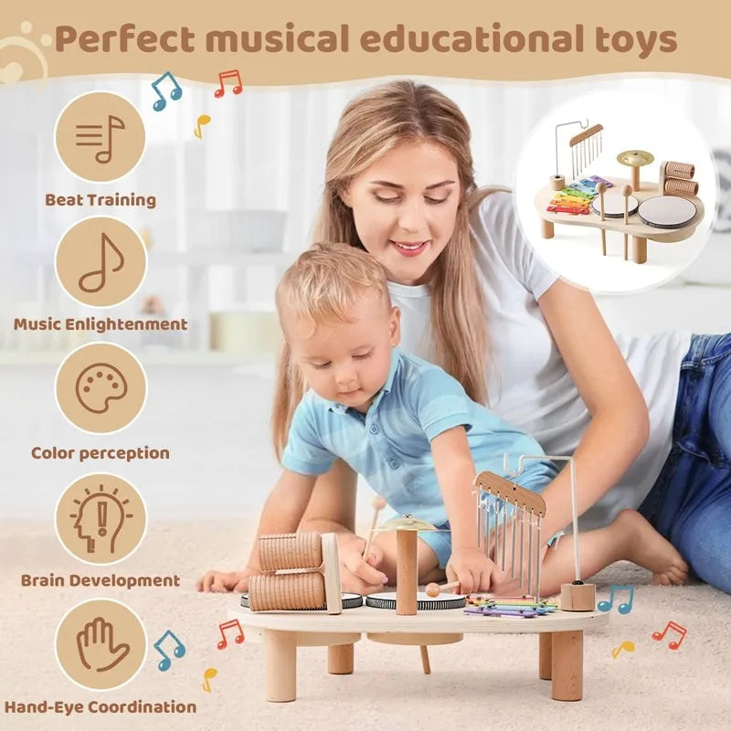Station musicale en bois pour enfants - Xylophone, tambours et clochette, jouet d'éveil pour tout-petits de 3 ans et plus