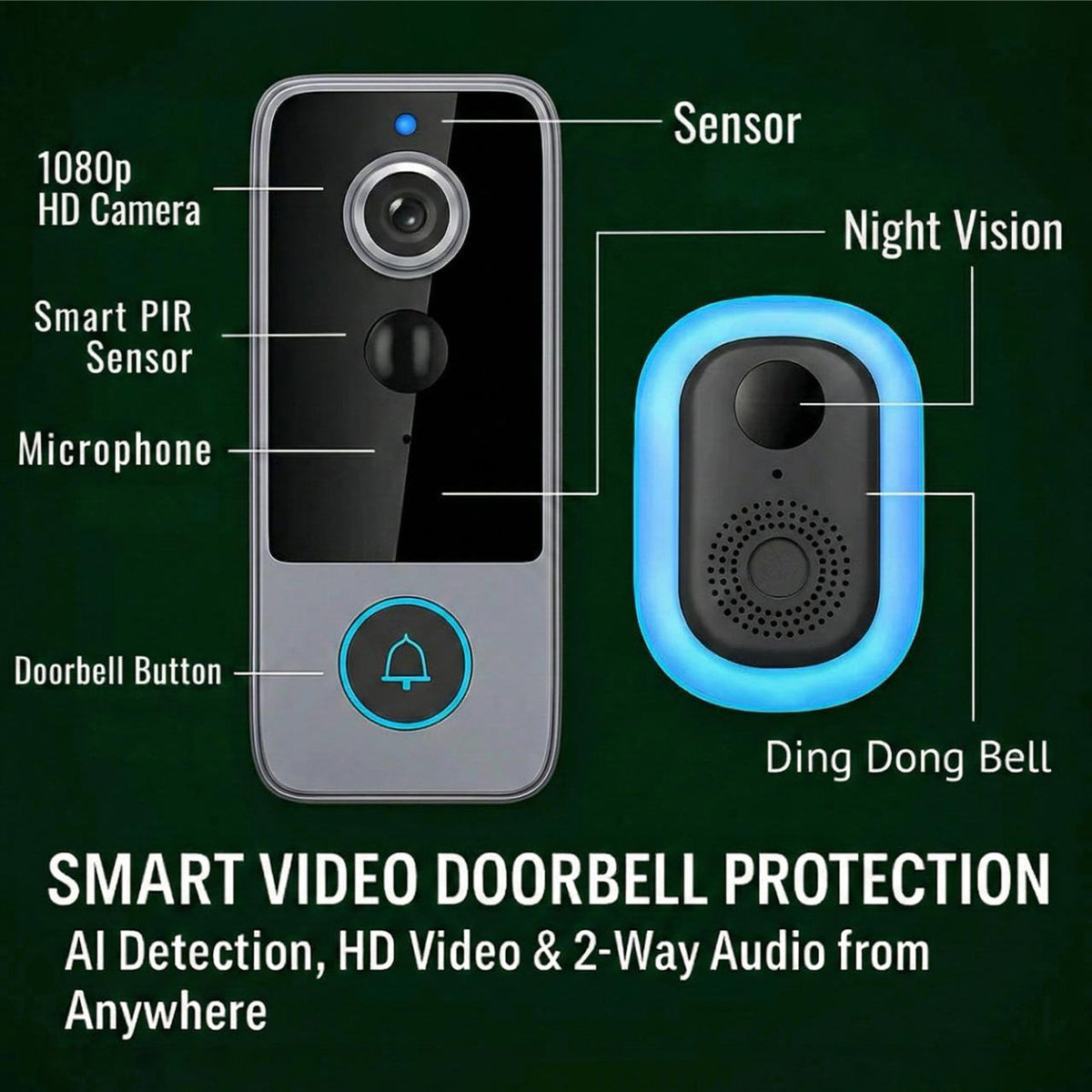 Smart Video Doorbell with HD Camera, Night Vision & Two-Way Audio – Wireless, Battery Powered, Weatherproof Security for Front Door &