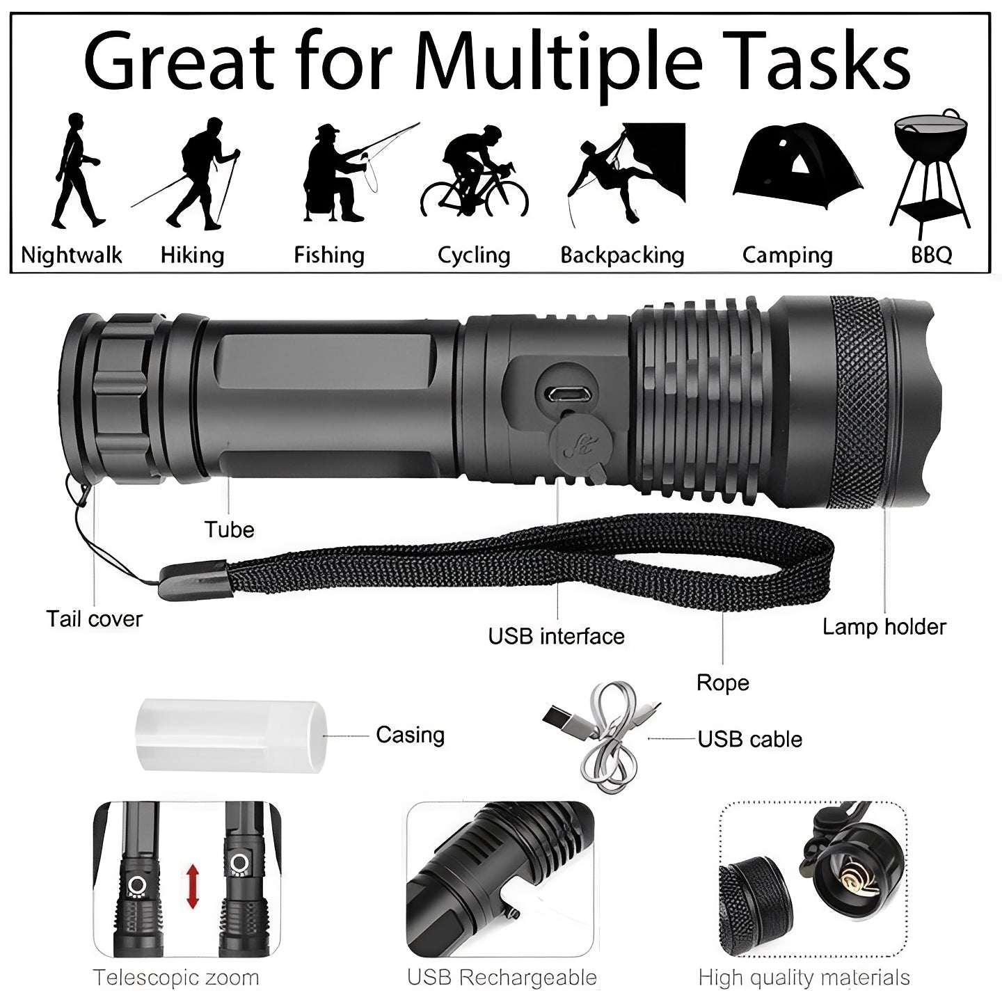 Lampe torche LED lumineuse et réglable avec batterie rechargeable
