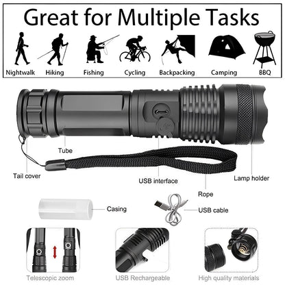 Lampe torche LED lumineuse et réglable avec batterie rechargeable