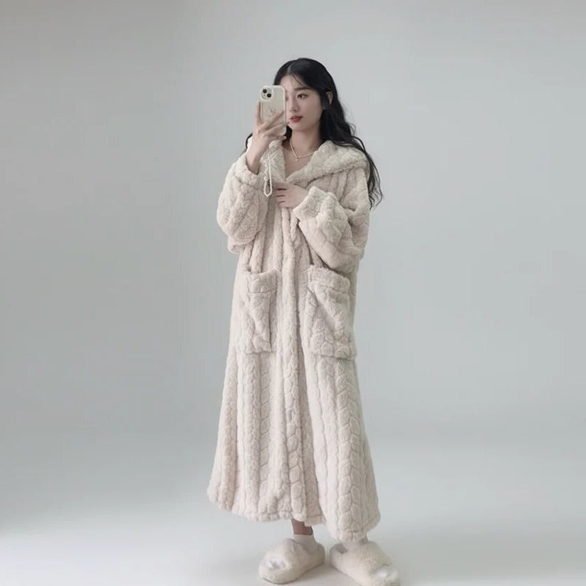 Robe de chambre douillette à capuche en peluche pour femme, vêtements d'intérieur confortables