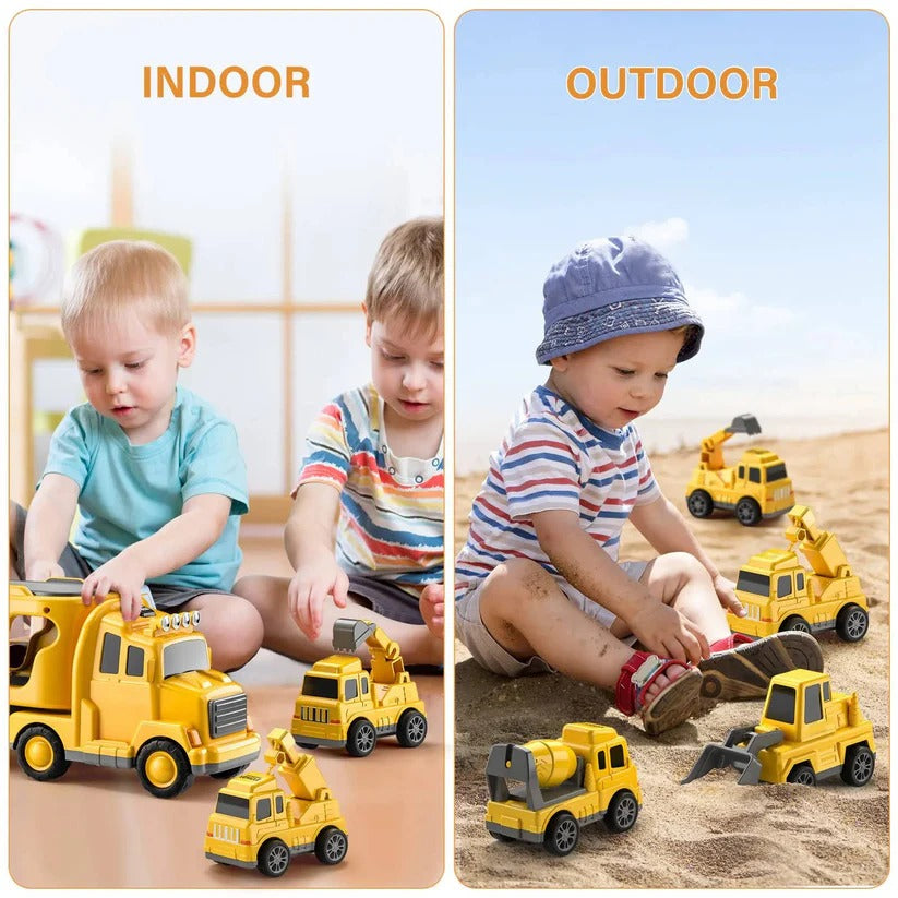 Construction Vehicle Toy Set with Lights and Sounds, Toy Construction Trucks, Carrier Truck Toy with 4 Friction Vehicles