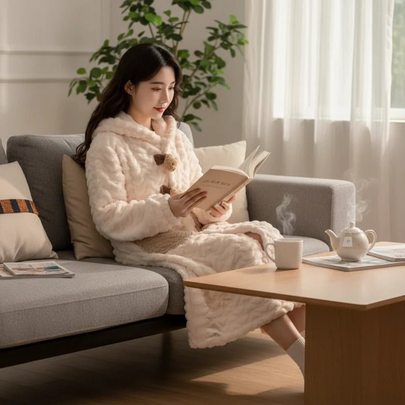 Robe de chambre douillette à capuche en peluche pour femme, vêtements d'intérieur confortables
