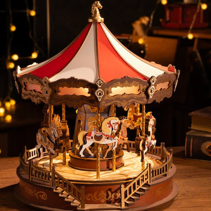 Boîte à Musique Carrousel en Bois Coloré avec Pièces Rotatives