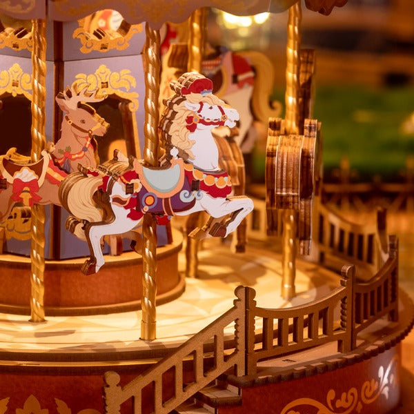 Boîte à Musique Carrousel en Bois Coloré avec Pièces Rotatives