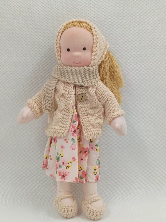 Handcrafted Waldorf Doll with Knit Outfit – Soft Natural Cotton Fabric, Eco-Friendly Washable Toy for Toddlers & Kids Age 3+, Timeless