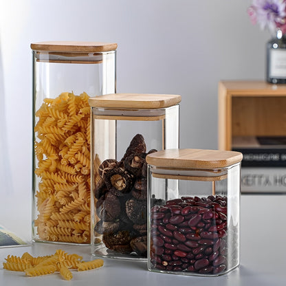 Récipient en verre transparent avec couvercle en bois, style simple