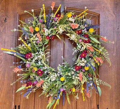 Handcrafted Buttercup & Eucalyptus Door Wreath 19-22 Inch Grapevine Base Silk Flower Arrangement Pink Purple Yellow Blooms for Front Door