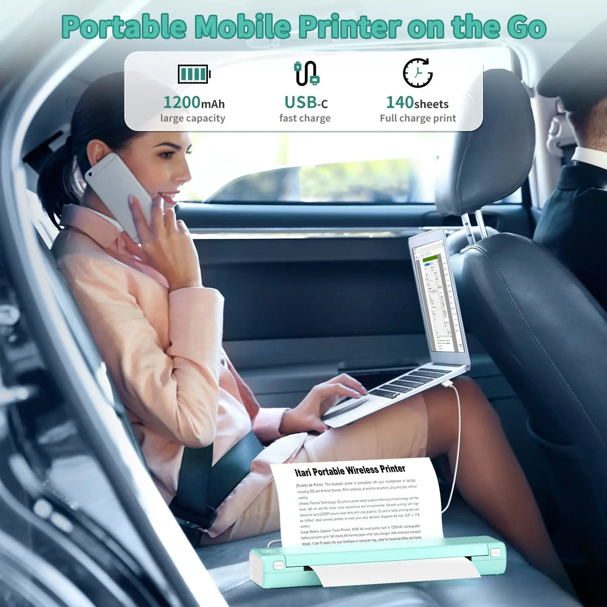 Portable Bluetooth Thermal Printer 6-Inch Inkless Document Photo Print USB Powered for Home Office Travel Notes Forms Labels