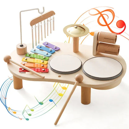 Wooden Musical Activity Center for Toddlers Rhythm Development Toy Percussion Set with Drum & Tone Bars Motor Skill Builder Ages 3+