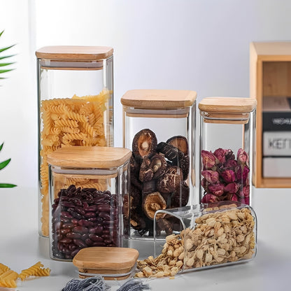 Récipient en verre transparent avec couvercle en bois, style simple
